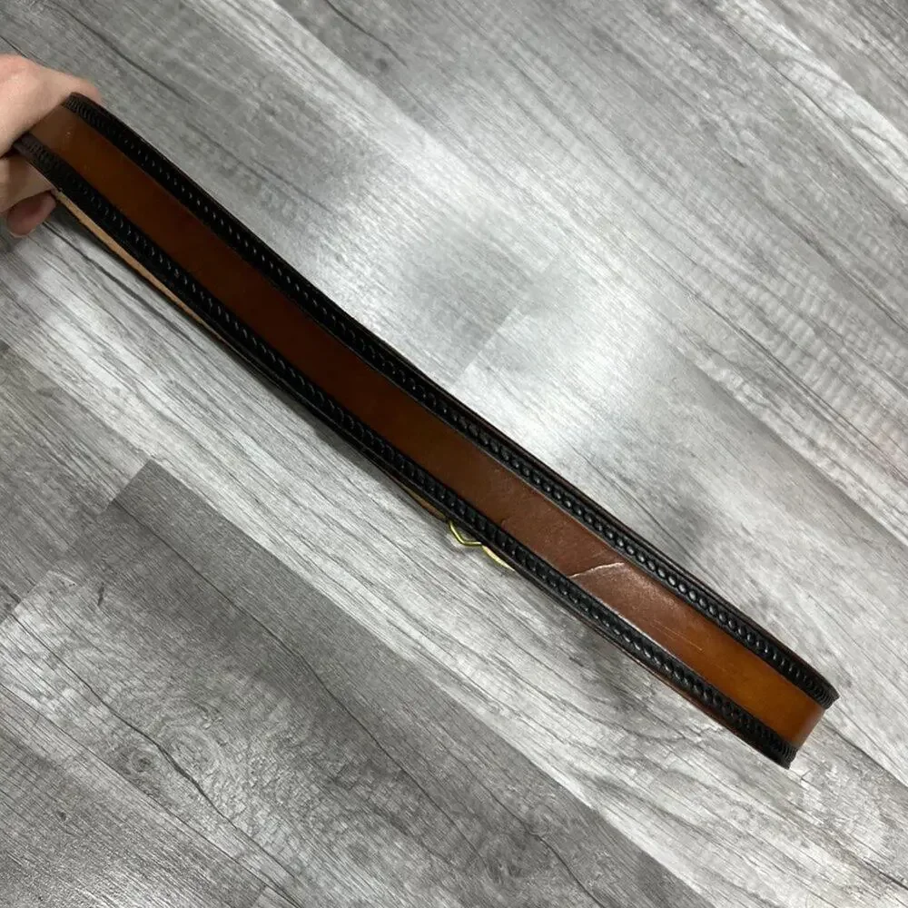 Vintage 80s Leather Brown Black Belt Baron Solid Bass Buckle